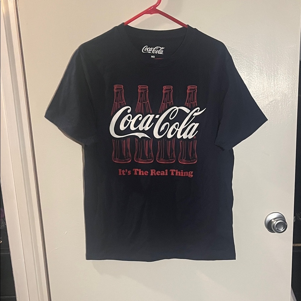Coca Cola Black Tee with White Logo and Red Bottle Graphic